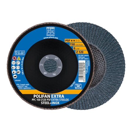 Pferd 6" x 7/8" A.H. POLIFAN Flap Disc - Z PSF EXTRA STEELOX, Zirconia, 120 Grit, Conical 60644